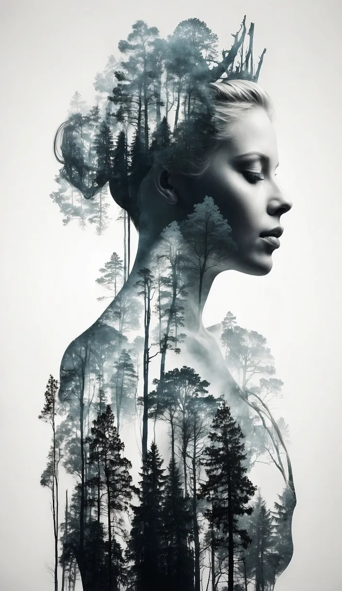 a woman's face with trees in the background