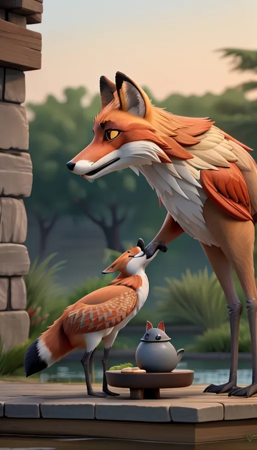 a painting of a fox and a bird