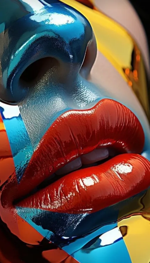 a close up of a woman's face with red and blue lipstick