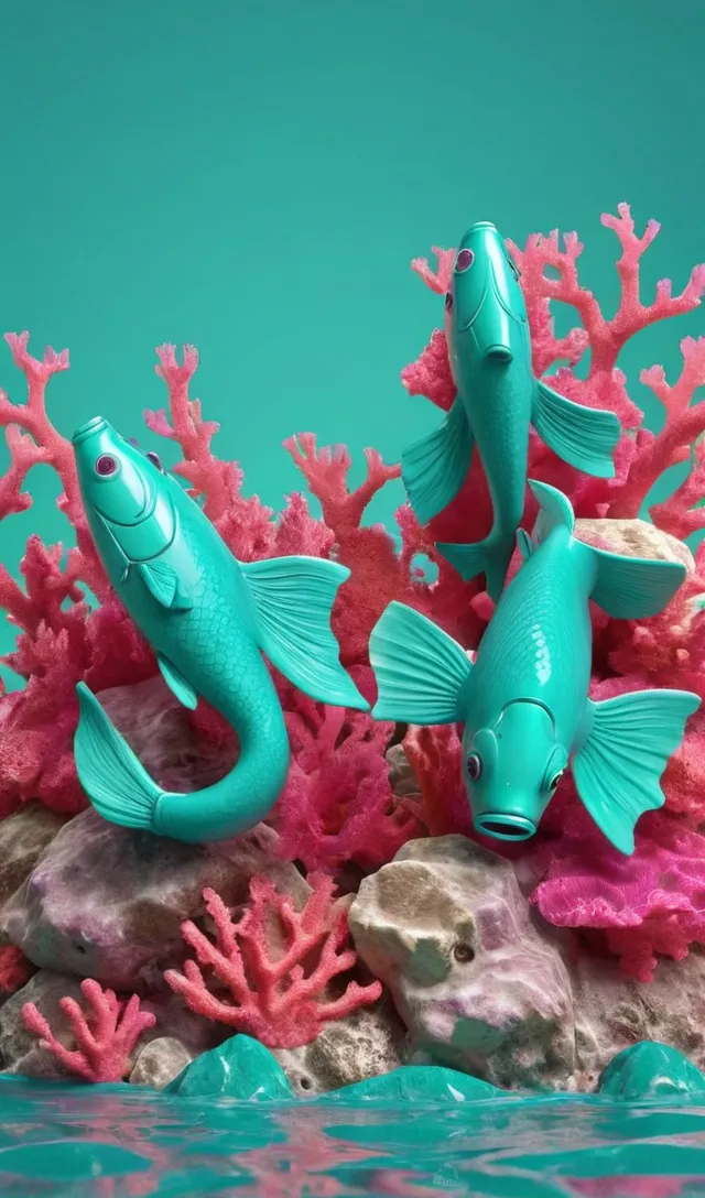 a couple of strangers plastic fish that are in some water and corals 