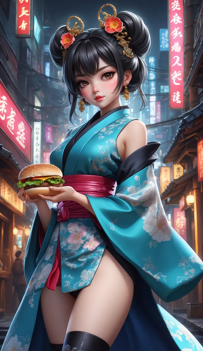 a woman in a kimono holding a hamburger