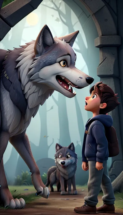 a boy standing next to a wolf in a forest