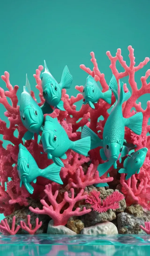 a group of blue plastic fish on top of a coral