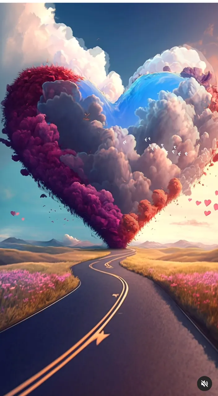 a painting of a heart shaped cloud in the middle of a road