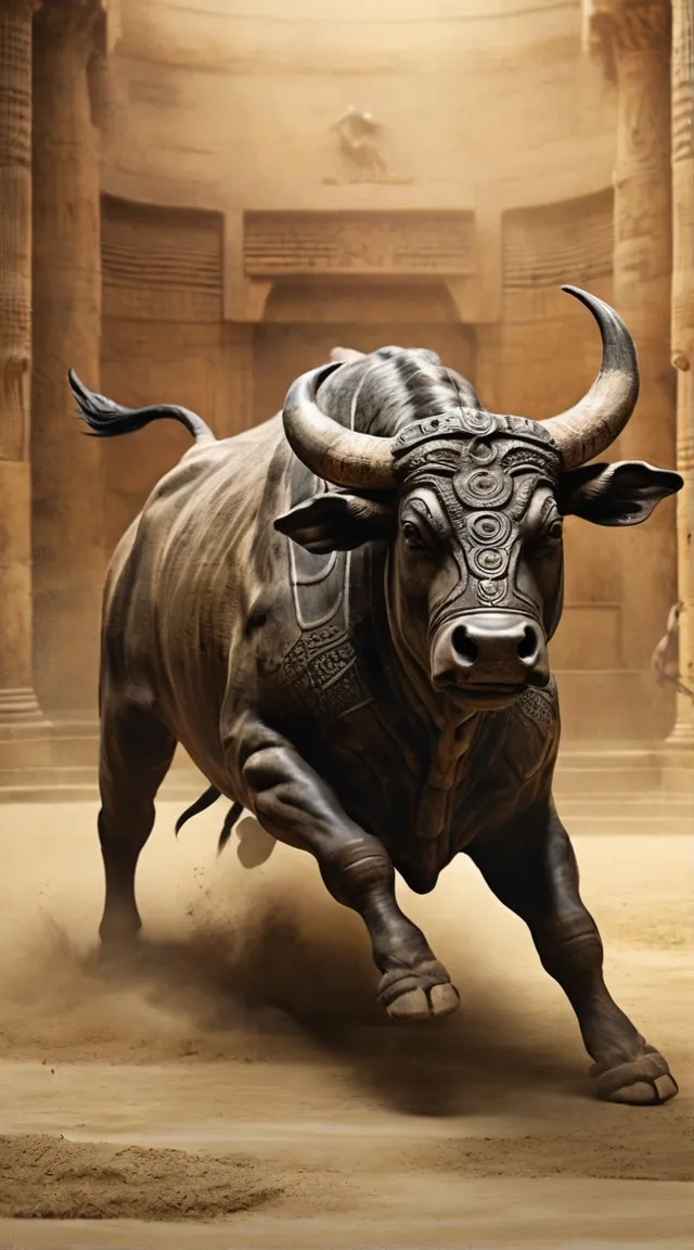 a painting of a bull running through a desert