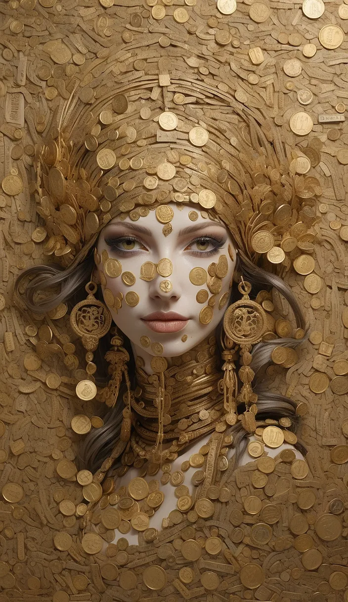 a painting of a woman with gold coins on her face