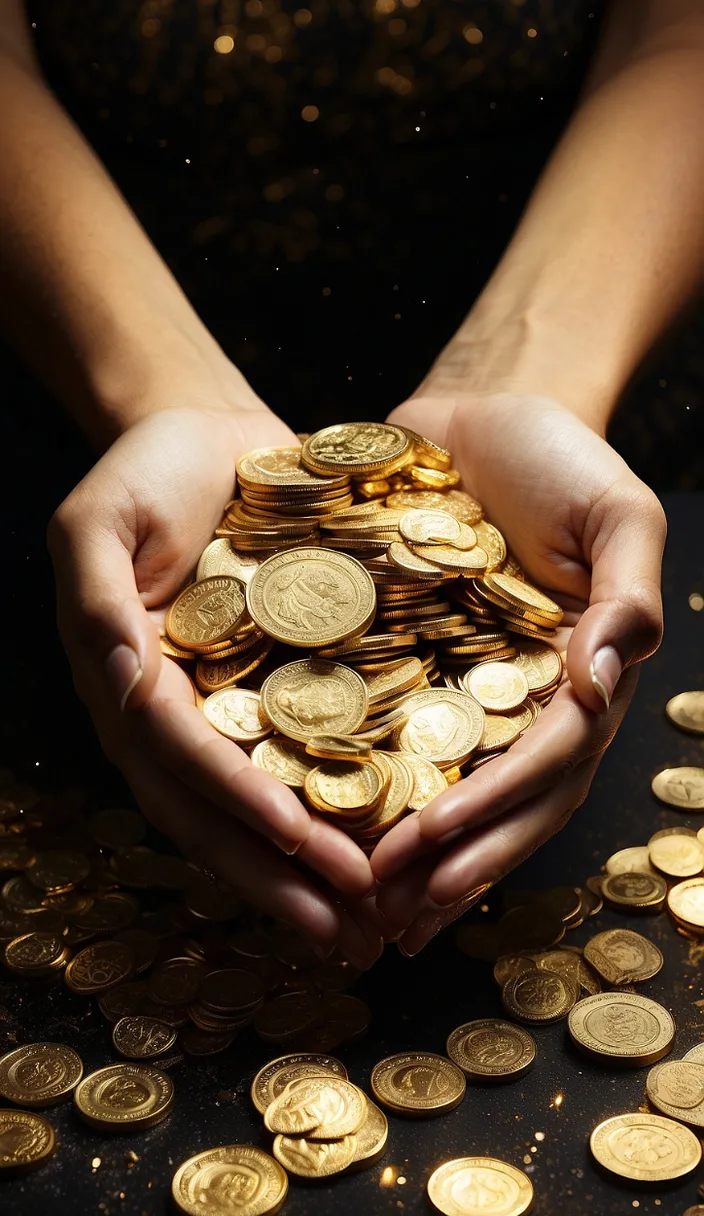 a person holding a handful of gold coins