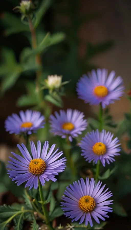 a group of purple flowers with yellow centers