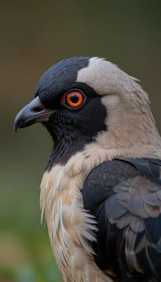 a close up of a bird with orange eyes