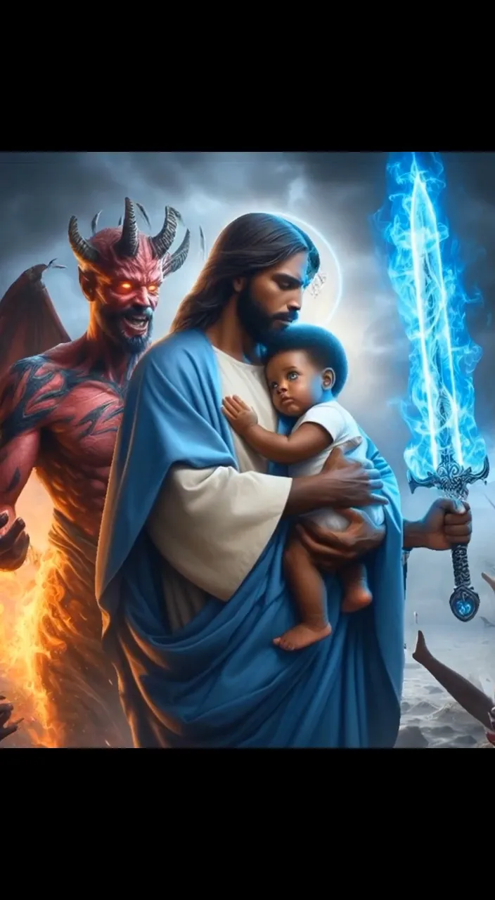 a painting of jesus holding a baby in his arms