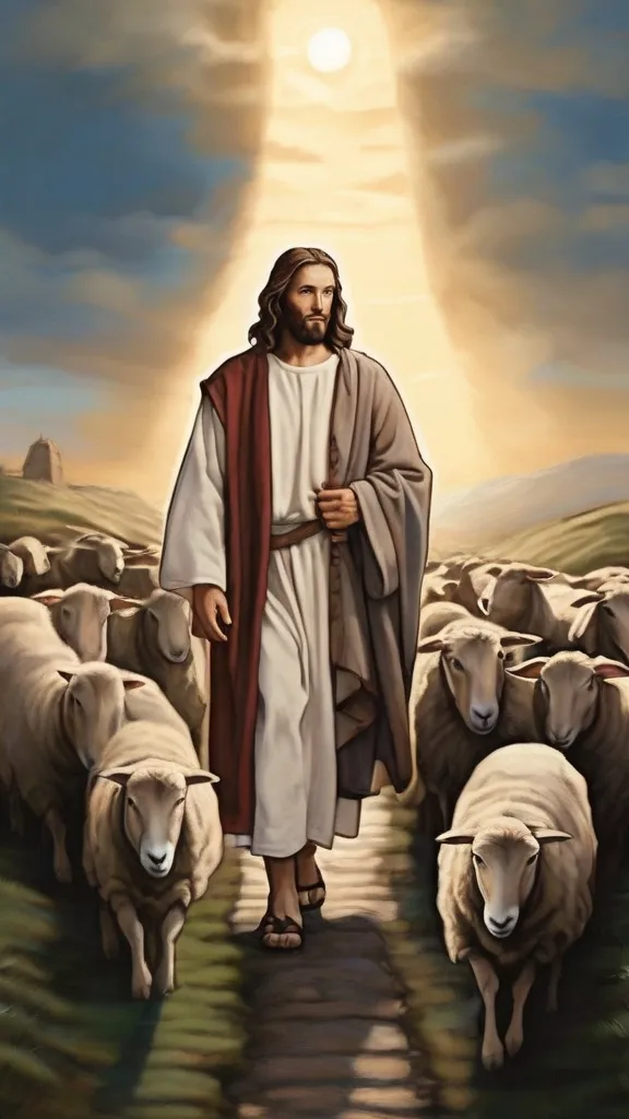 a painting of jesus walking through a herd of sheep