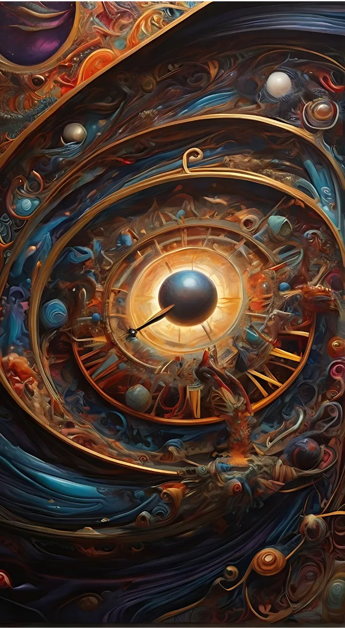 a painting of a clock surrounded by many different things