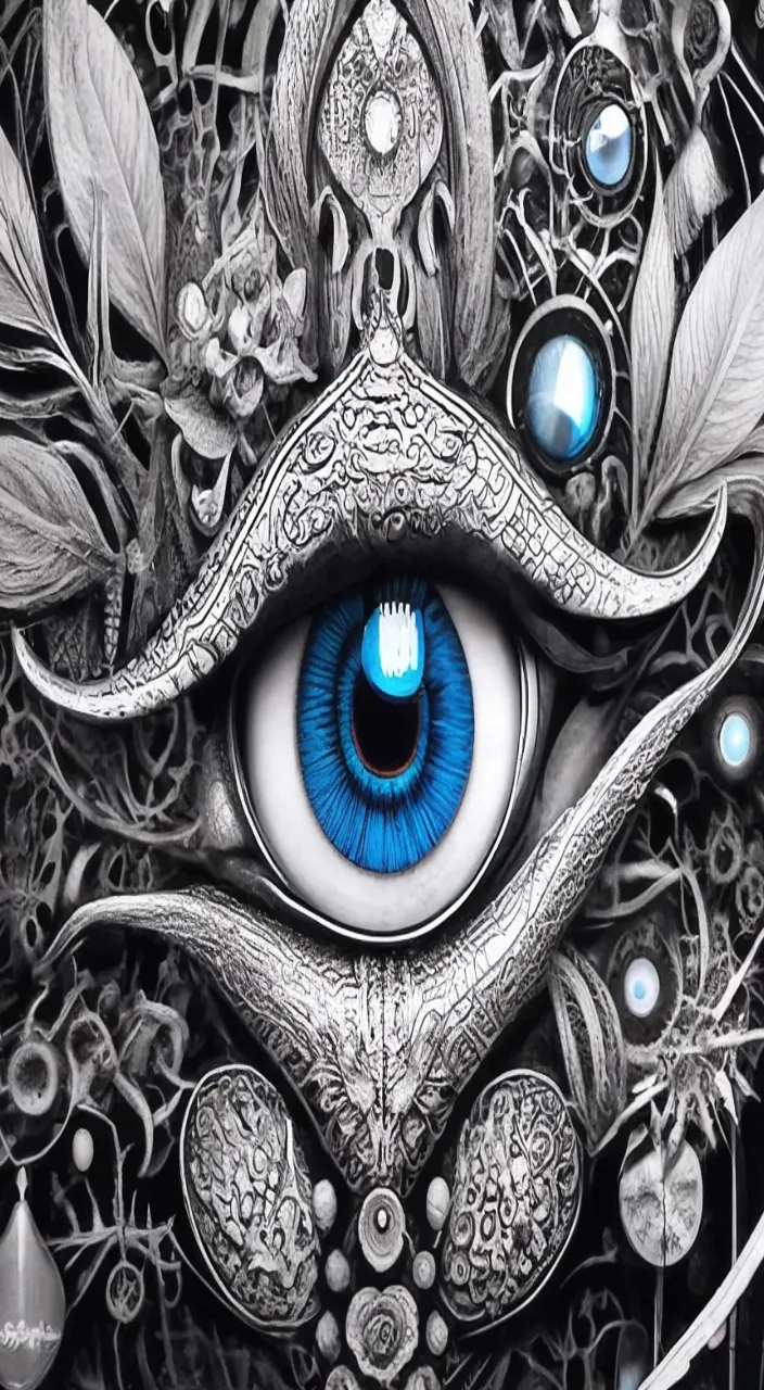 a drawing of an eye with blue eyes