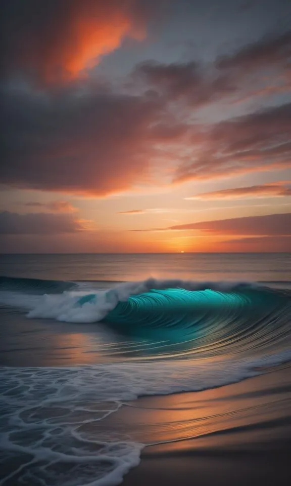 a wave is coming in to shore at sunset