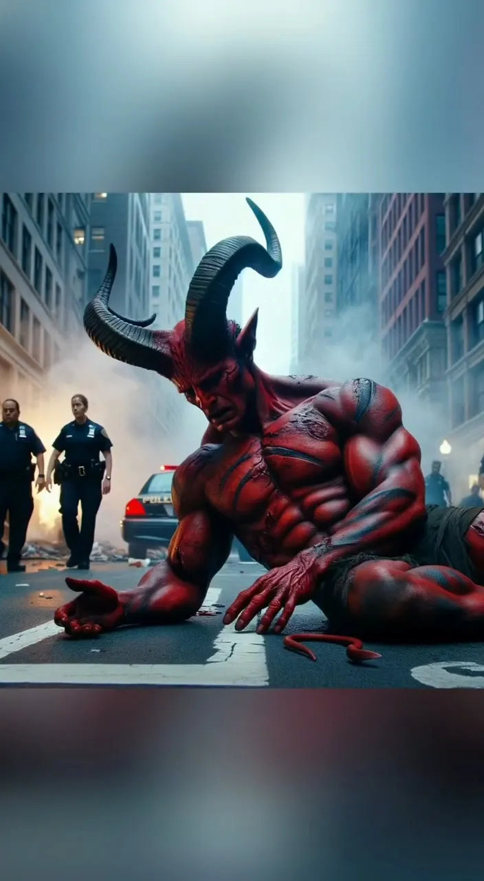 a red devil laying on the ground in the middle of a street