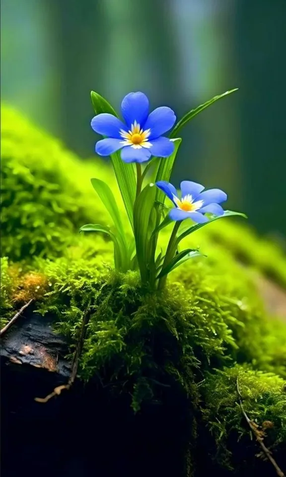 a group of blue flowers sitting on top of a moss covered ground