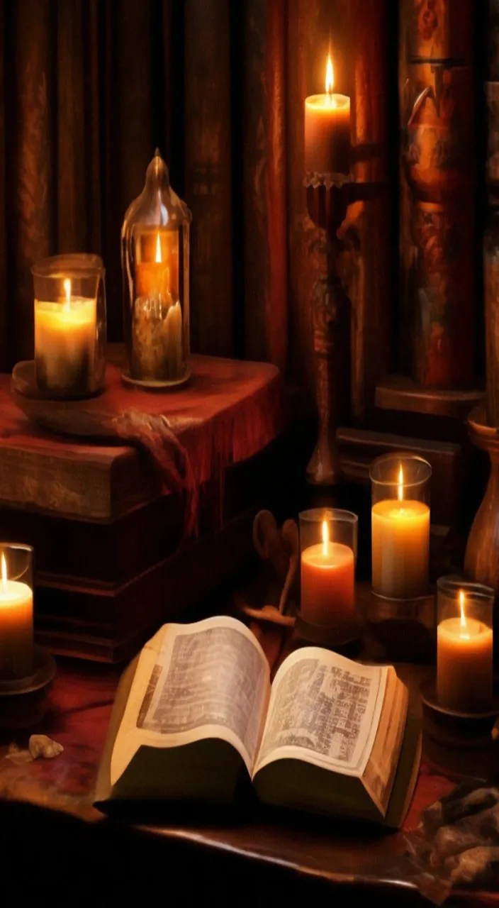 an open book sitting on top of a table next to candles