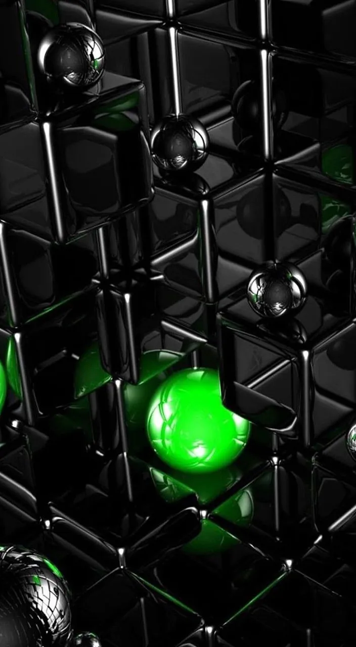 a bunch of black and green cubes with a green light changing color 