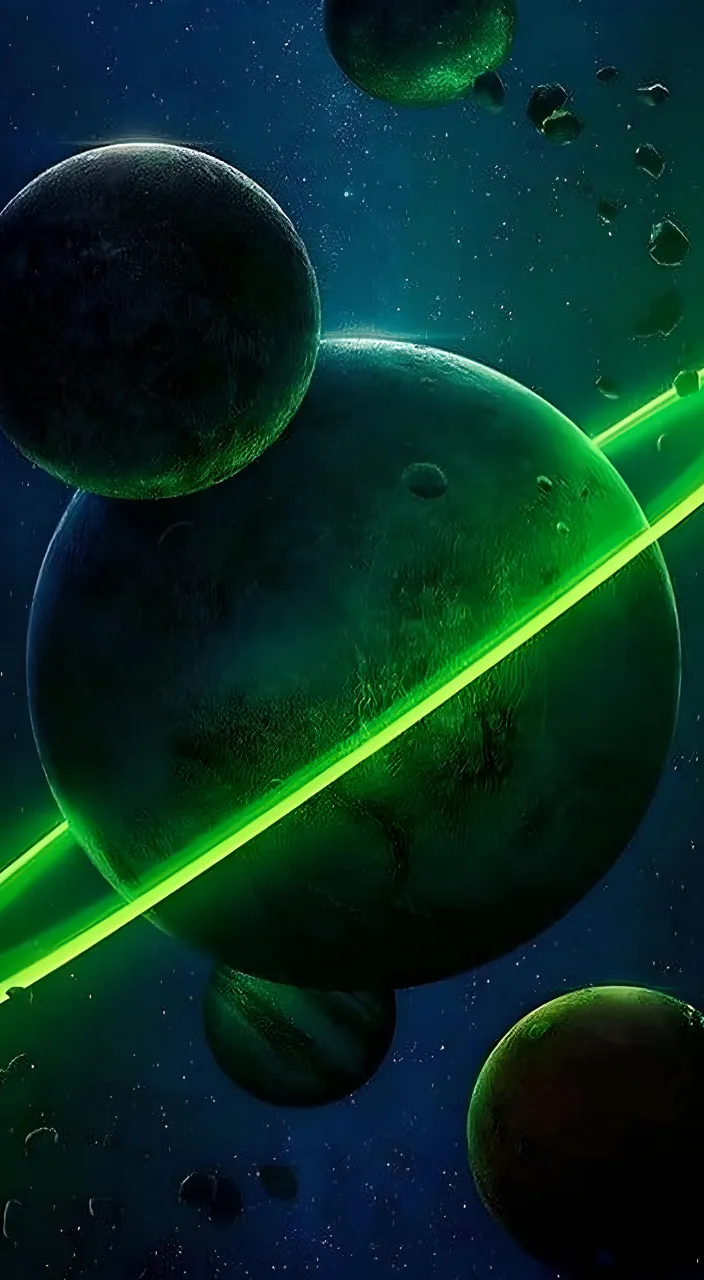 a space scene with planets and a green line