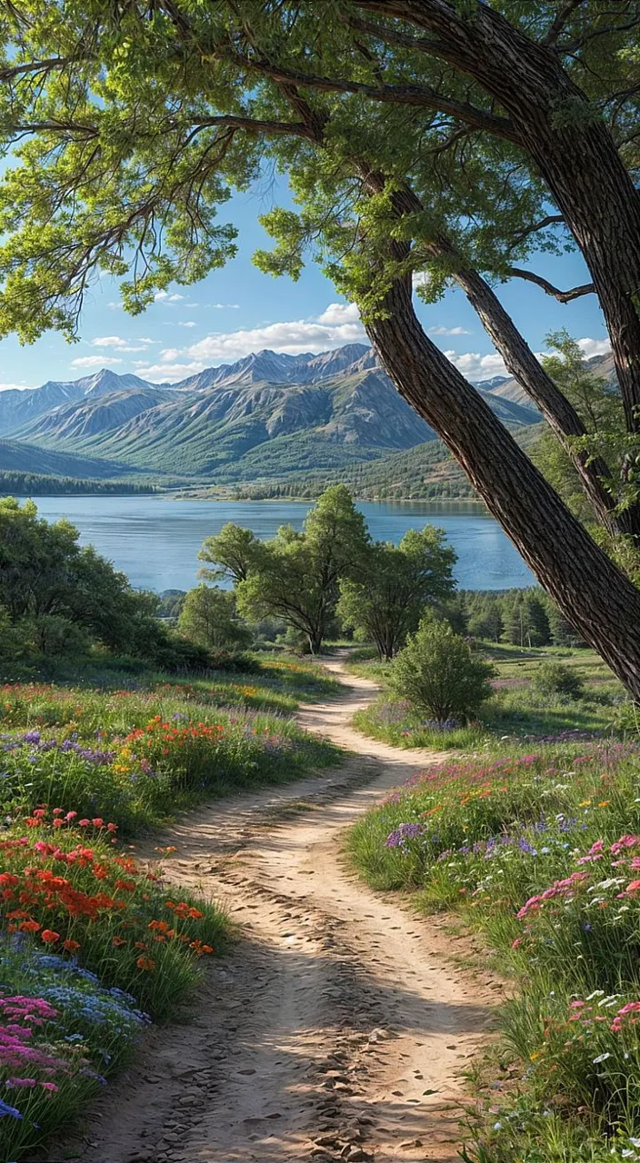 a painting of a dirt path leading to a lake