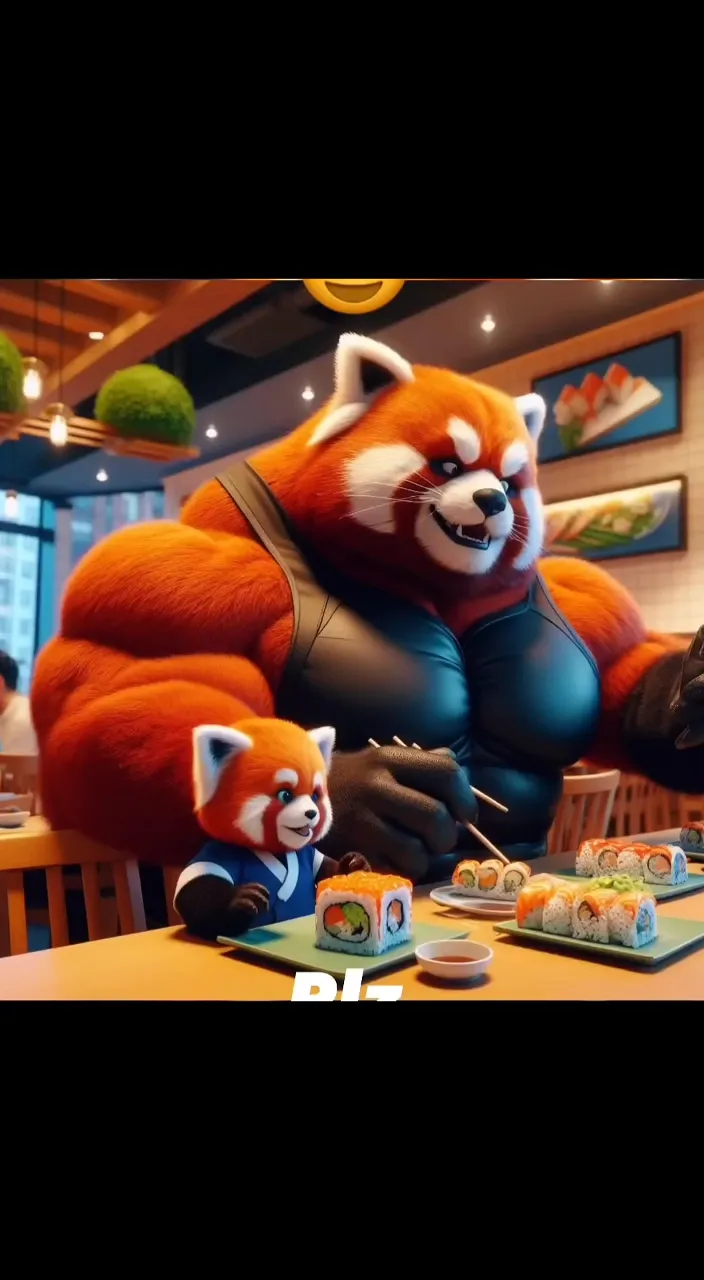 a red panda eating sushi in a restaurant