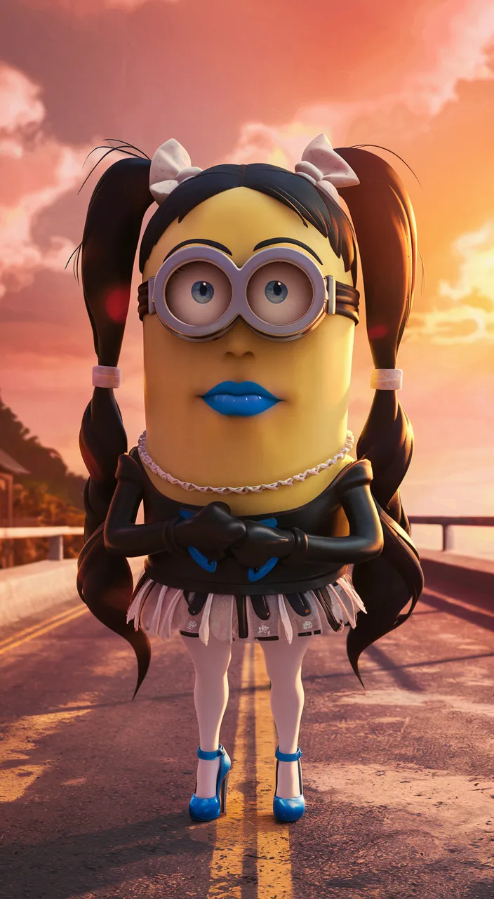 a woman dressed as a minion standing on the side of a road