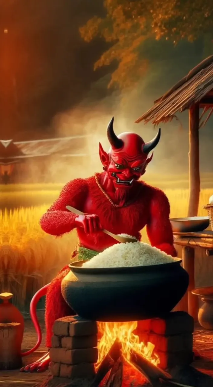 a red demon is cooking rice in a bowl