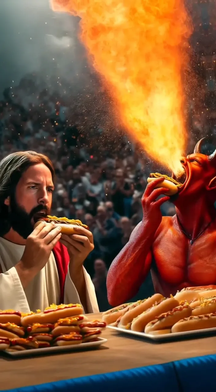 a man eating a hot dog next to a demon