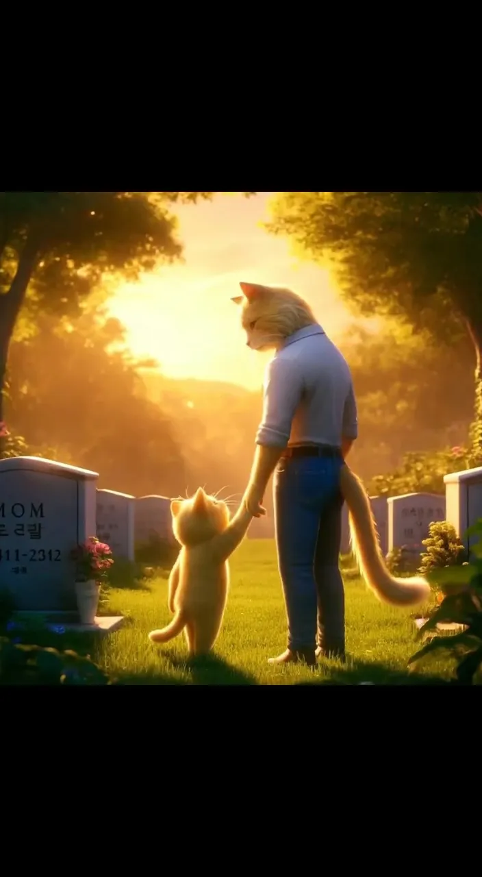 a man holding a cat's hand in a cemetery