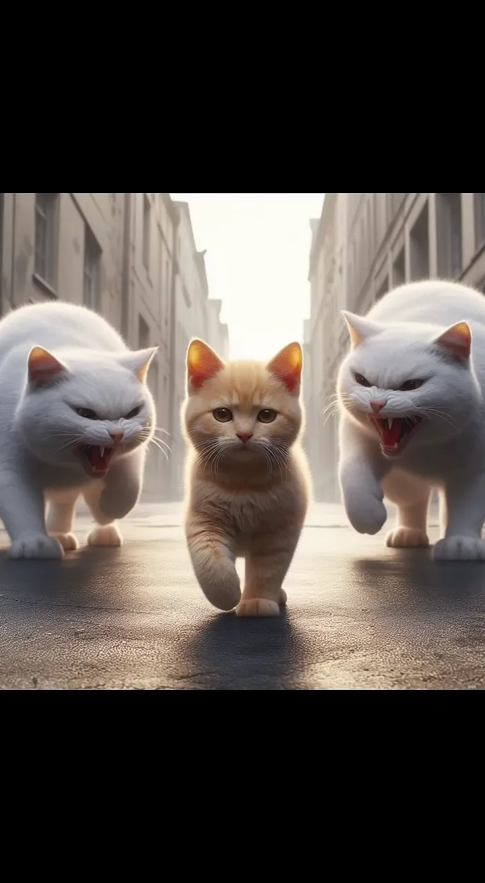 a group of cats walking down a street next to each other