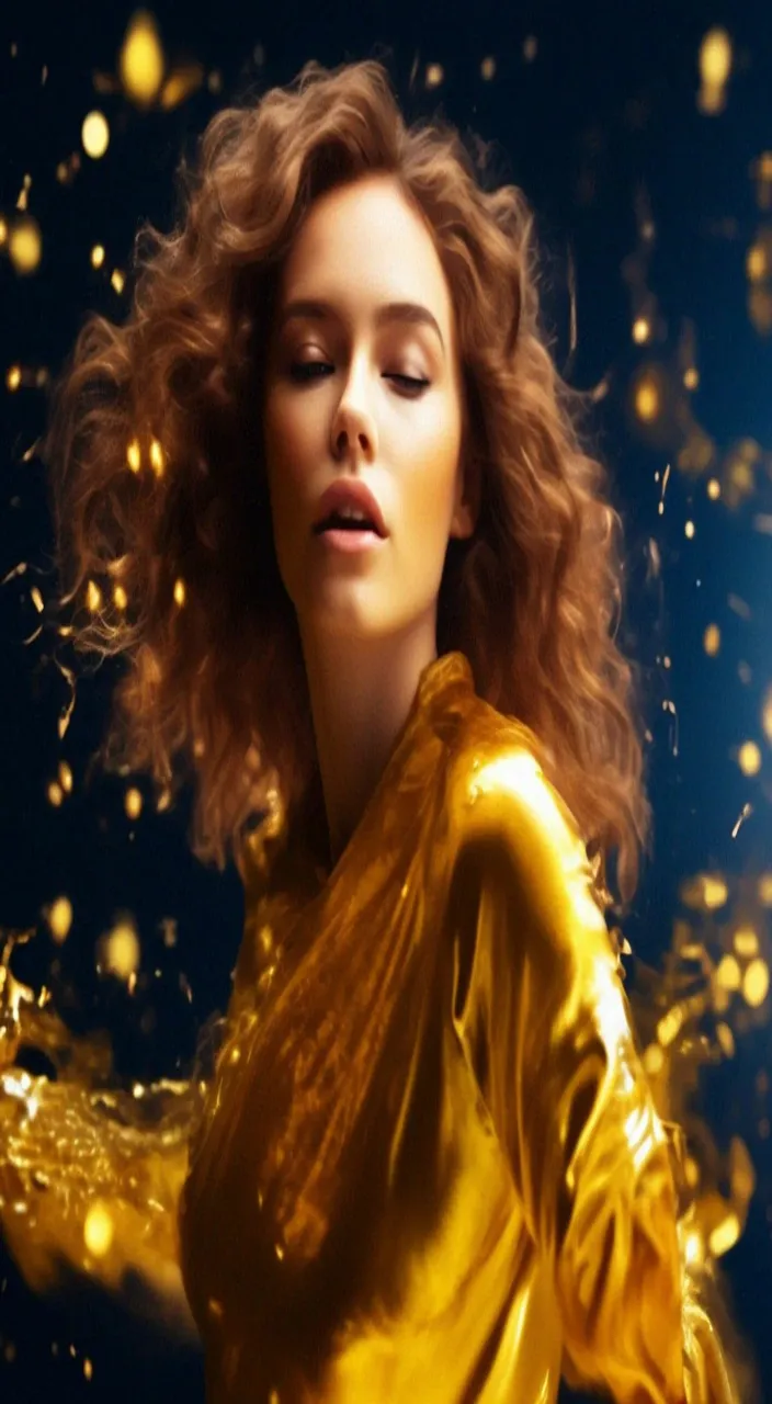 a woman in a gold dress with her hair blowing in the wind