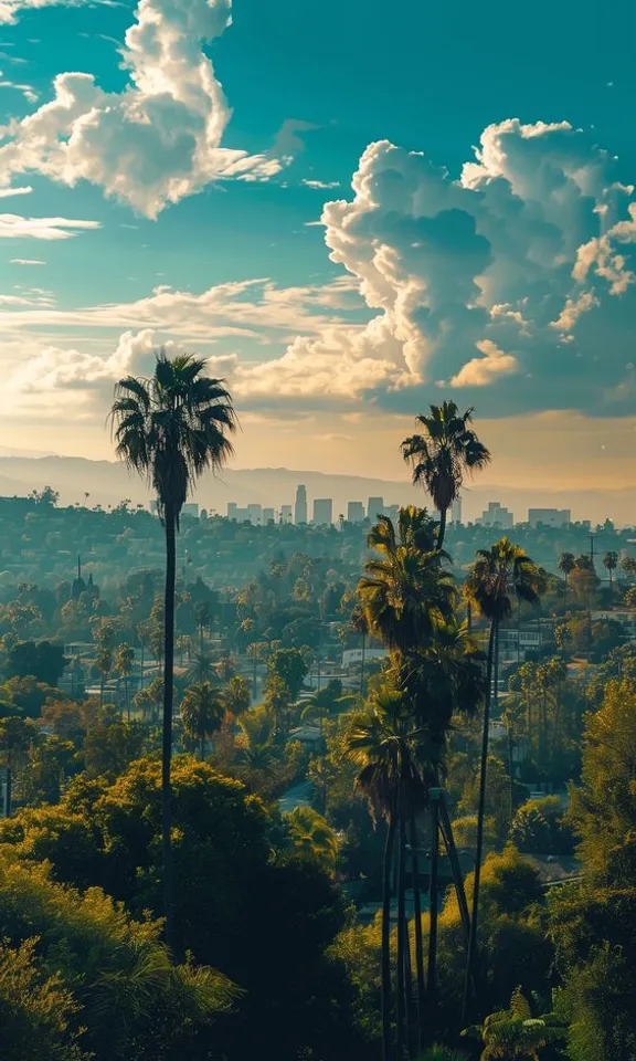 a view of a city with palm trees in the foreground