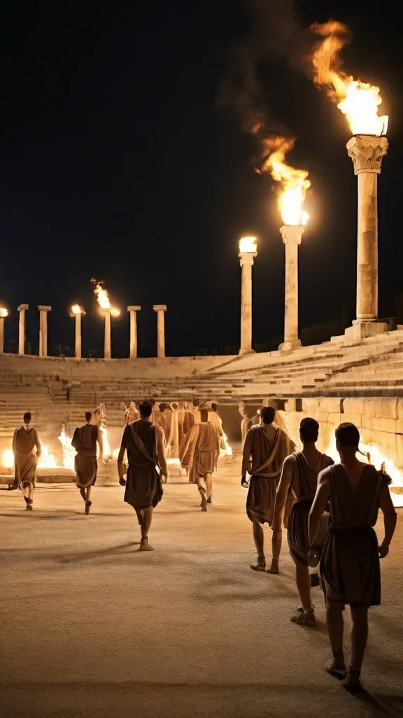 a group of men walking down a street next to columns