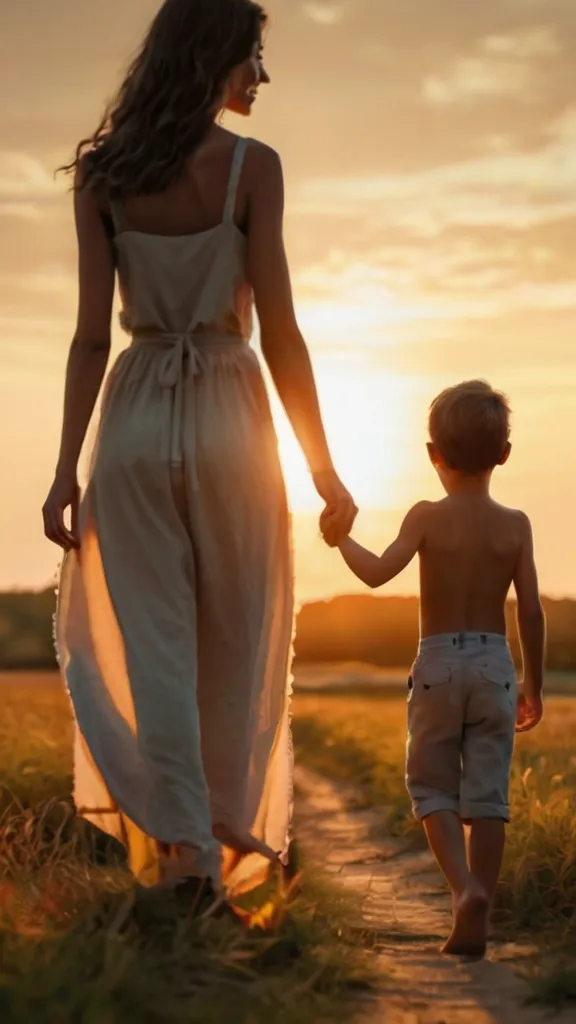 mother and boy walk off into the sunset