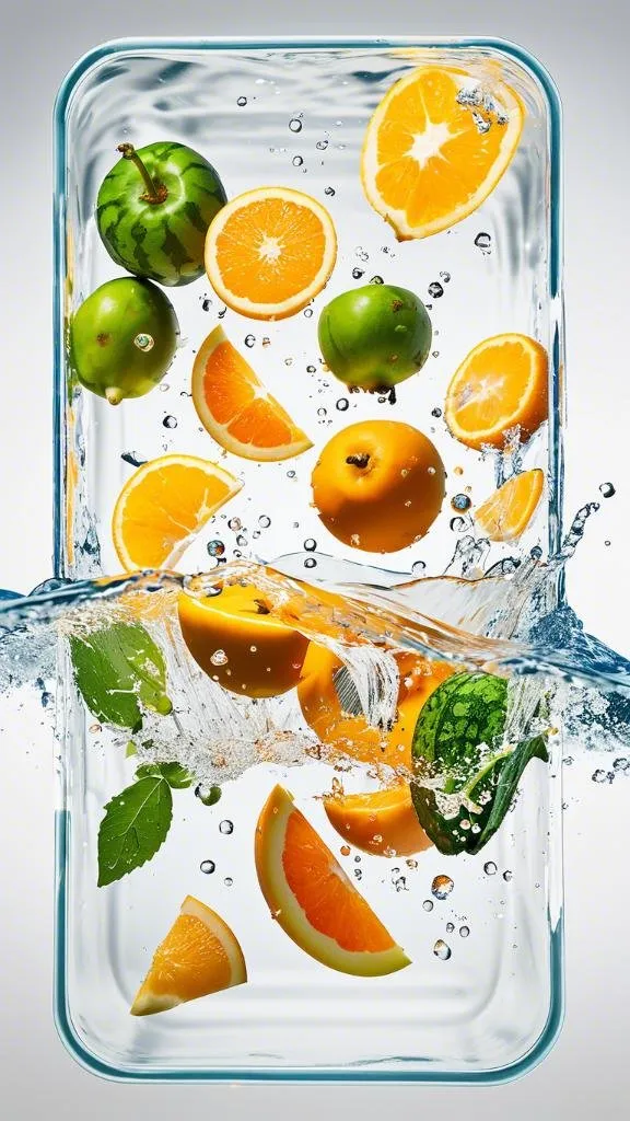 a glass container filled with water and oranges