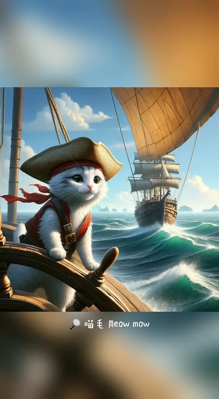 a white cat in a pirate costume on a ship