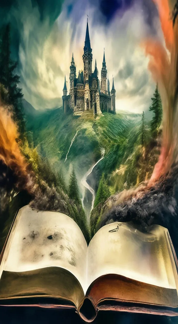 an open book with a castle in the background