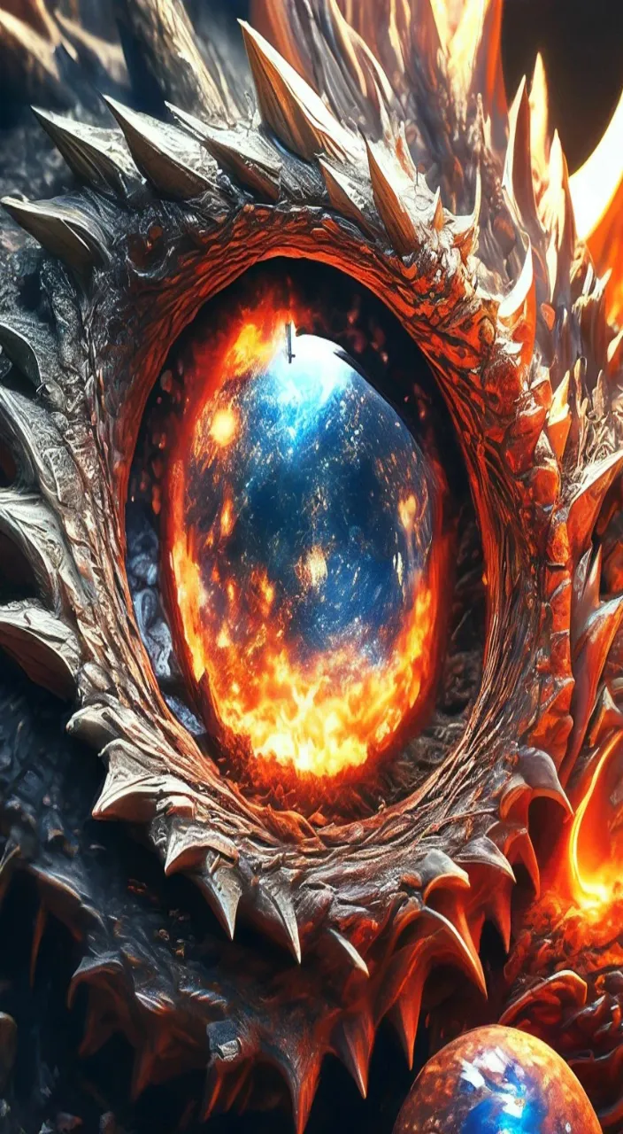 a close up of a dragon's eye with flames