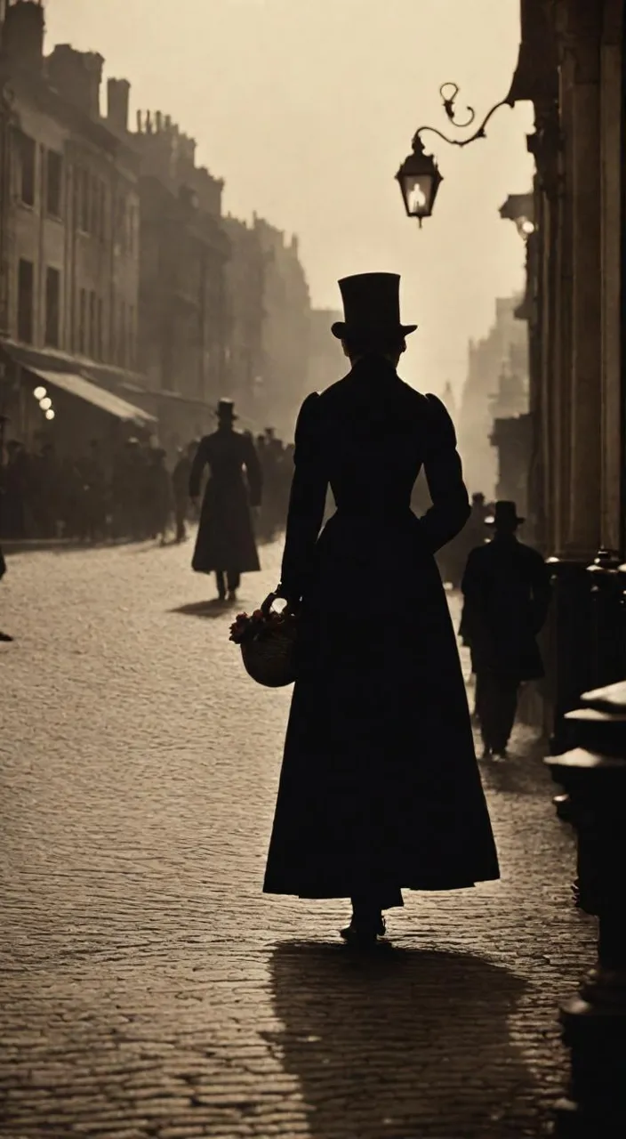 a woman in a long dress and top hat walking down a street