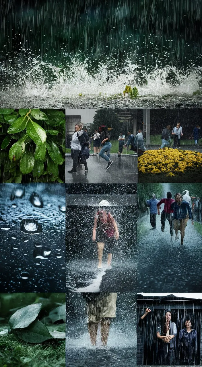 a collage of photos of people walking in the rain