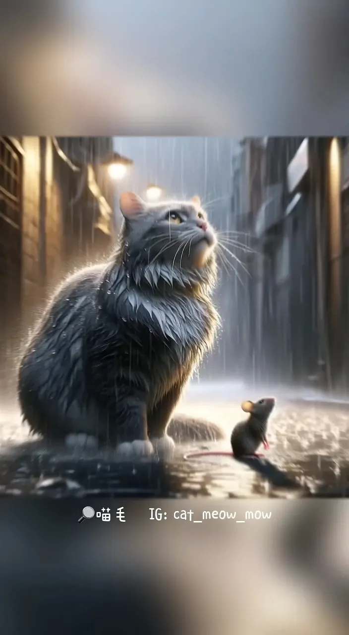 a cat sitting in the rain next to a mouse