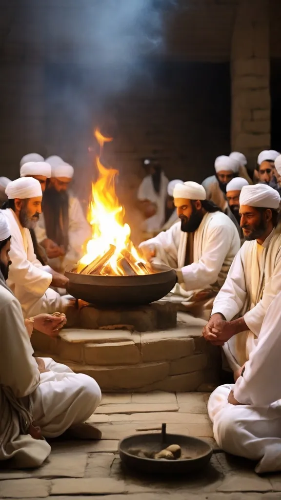 a group of men sitting around a fire pit