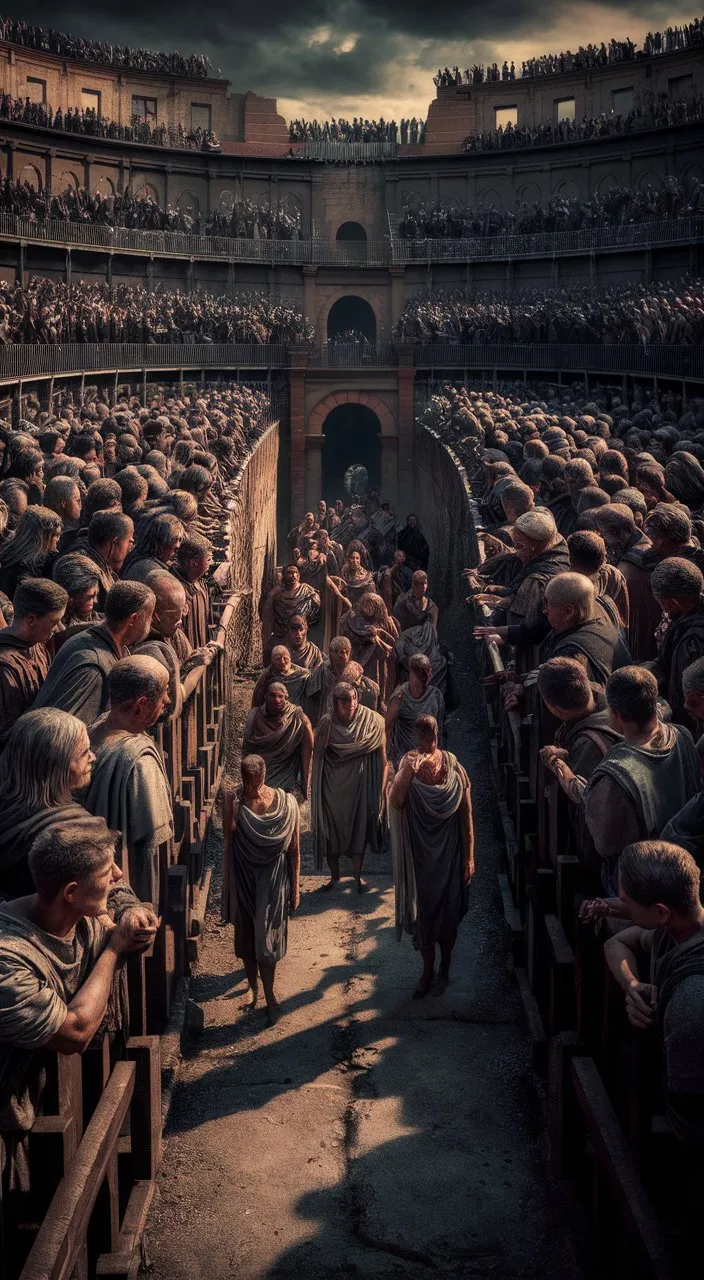 a crowd of people standing in a large auditorium