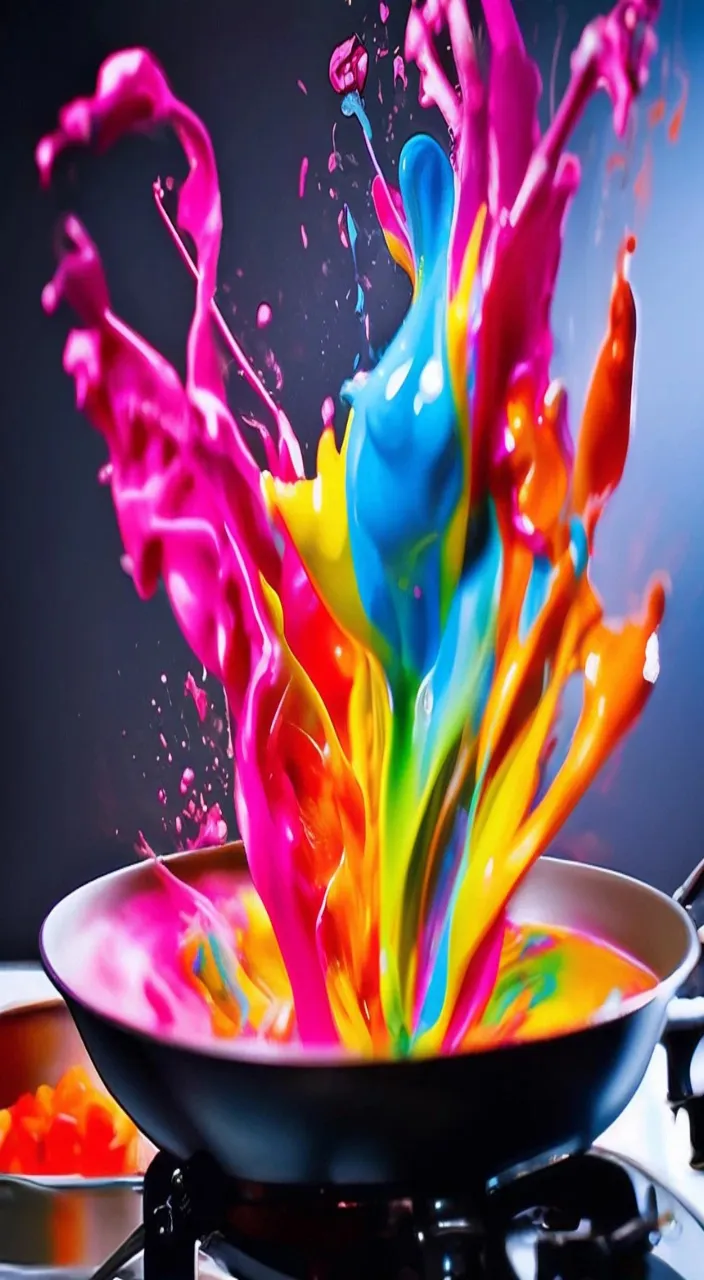 a pan filled with colorful liquid on top of a stove