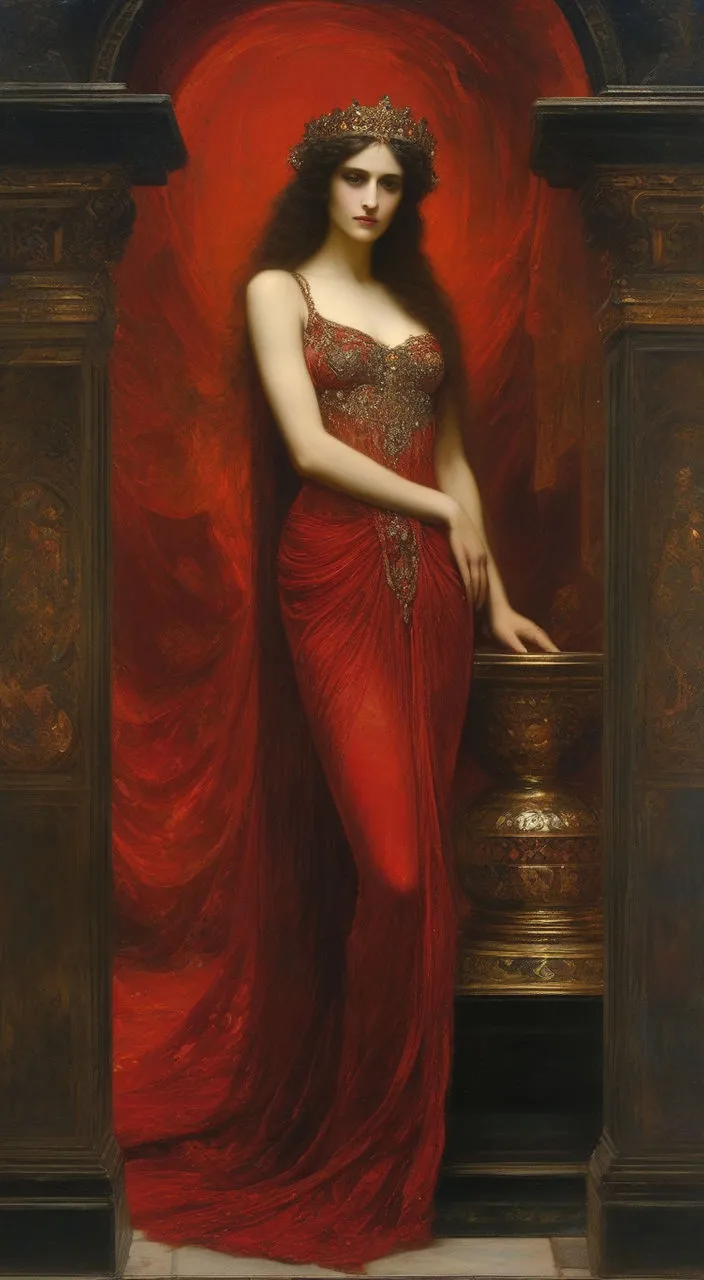 a painting of a woman in a red dress