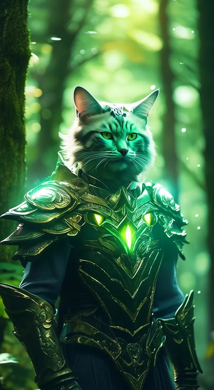 a cat dressed in a costume standing in the woods