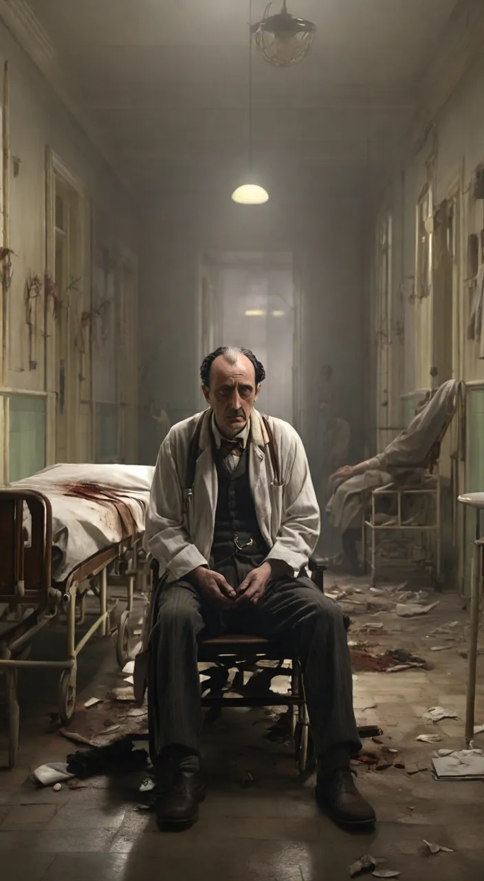 a man sitting on a chair in a hospital