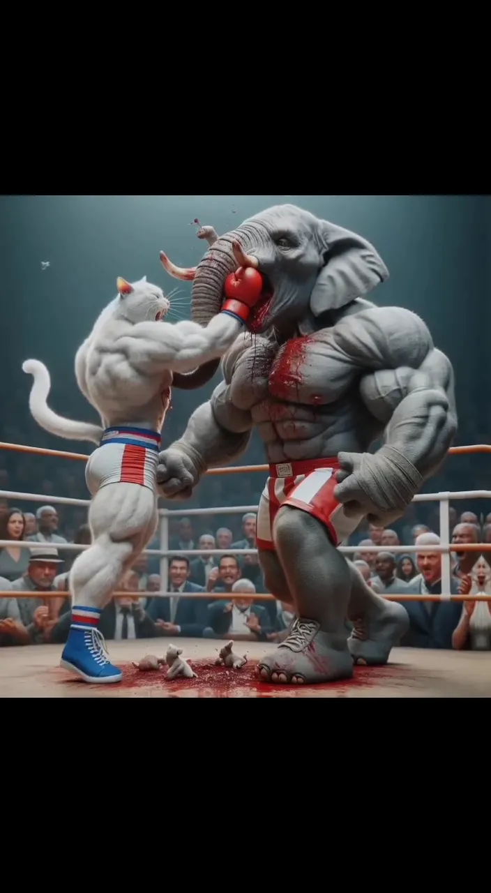 a statue of an elephant wrestling a man in a boxing ring