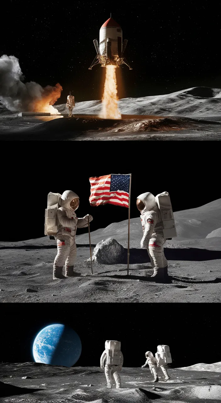 two pictures of astronauts on the moon with a flag