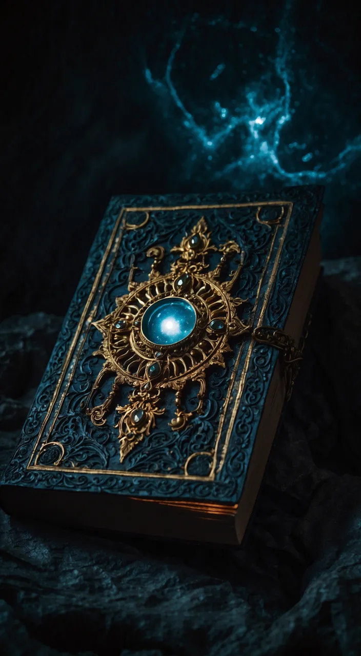 a blue and gold book with a light on it